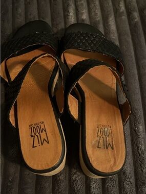 Miz Mooz Black Woven Slide Sandals with Tan Insole